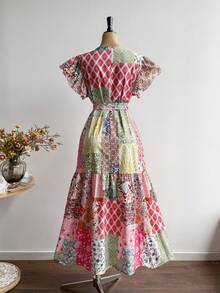 Rusttydustty Bohemian Style Pink Floral V-Neck Ruffle Sleeve Casual Dress, Suitable For New Year, Valentine's Day And Other Occasions