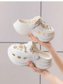 Teen Girl Fashion Exclusive Fashion Light Wooden Clogs Thick-Soled Hole Shoes, Summer Beach Vacation Outdoor Pool Sandals Girl's Students Slip-Resistant Headband River Running Hole Shoes EVA Soft Sole Slip-Resistant Breathable Comfortable Casual Girl's Slippers Gardening Shoes And Beach Shoes, Customized Pendant, Suitable For Home And Travel, Suitable For All Four Seasons. - 白色 - 查看 3