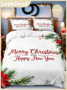 Set de pilotă cu 3 bucăți de Crăciun, desenate manual, cu crengi, frunze, fulgi de zăpadă, imprimat digital (1 husă de pilotă, 2 fețe de pernă fără miez), fibră de poliester, moale, prietenos cu pielea, potrivit pentru diferite dimensiuni de pat, ideal pentru cadouri