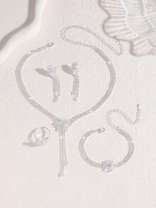 5 件奢华锆石花朵设计项链、耳环、手链、戒指首饰套装，优雅时尚配饰，适合女性日常通勤、宴会、派对 - 華麗輕奢項鍊套裝 - 查看 9