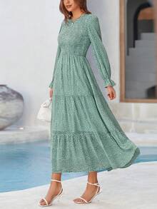 Women Leopard Long Sleeve Maxi Dress Flounces High Waist Smocked Tiered Dress Fall Spring Wedding Guest Vacation Holiday Boho Valentine Dresses Outfits - 綠色 - 查看 4