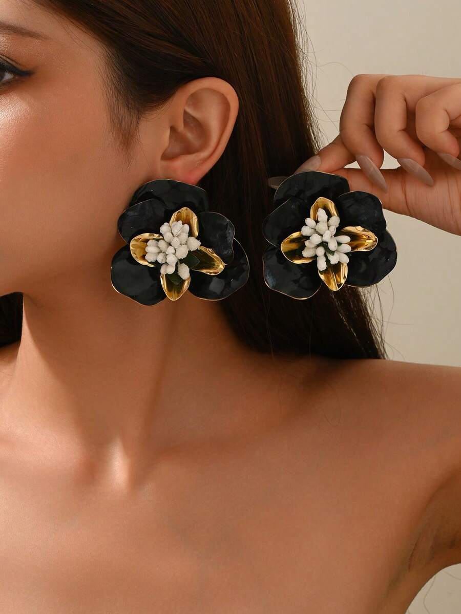 1 Pair Mori Style Sweet Fresh Floral Raffia Fabric Flower Tassel Earrings Suitable For Women Vacation And Daily Wear - Black - View 1