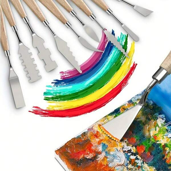 Juego de 10 espátulas de paleta, espátula de artista de acero inoxidable, para mezclar pintura al óleo y acrílica, con mangos de madera cómodos, en formas y tamaños diversos