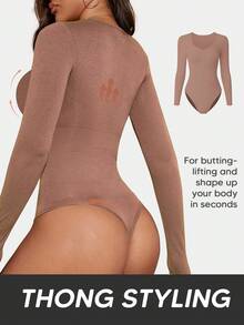 Women's Solid Color Casual Ribbed Long Sleeve Bodysuit Summer Elegant - Khaki - View 3