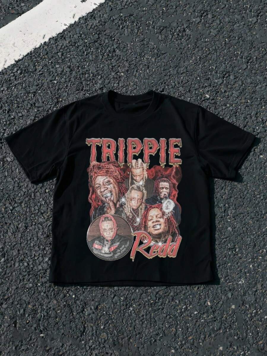 Trippie Redd Portrait Graphic T Shirt, 220 Grams Heavyweight Cotton Printed T-Shirt Comfortable Casual Short Sleeve - màu đen - Xem 1