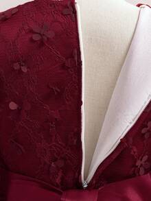 Young Girls' Round Neck Long Sleeve Lace Mesh 3D Floral Bow Elegant Flower Girl Dress For Formal Party, Birthday, Excludes Headband