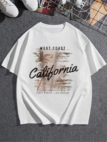 Camiseta gráfica informal para mujer con estampado de palmeras de la  oeste de California, elegante camiseta de verano para un ambiente de vacaciones, perfecta para uso diario y salidas a la playa, cómoda mezcla de algodón, camiseta de moda. - Blanco - Ver 3