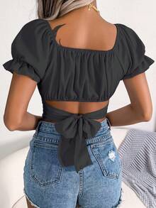 Spring And Summer Sexy Cute Solid Color Bow Tie Short Top Shirt Blue Green Black - màu đen - Xem 2