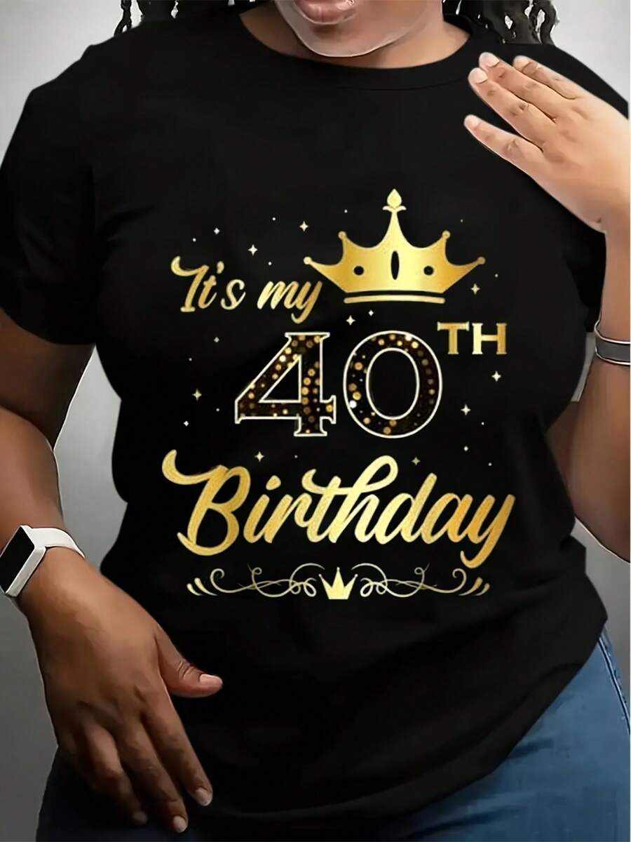 It'S My 40th Birthday Party T Shirt 100% Cotton, Golden & Black Design With Crown & Stars, Perfect Gift For Men, Women, Dad, Mom, Friends, S XXXL, Machine Washable, Birthday Party Apparel Short S - 黑色 - 查看 1