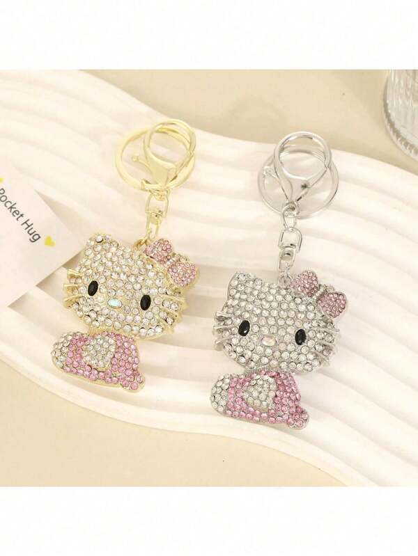 Sanrio 1 قطعة أو 2 قطعة من سلاسل مفاتيح معدنية كرتونية ل- Hello Kitty من Sanrio، سلاسل مفاتيح سيارة كاواييي مزينة بماسات لهدايا الحفلات