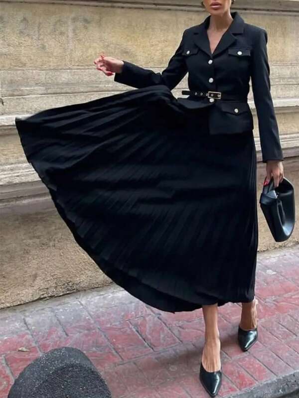 1 套纯色优雅前扣口袋腰带女式两件套西装，适合春秋季办公室穿着