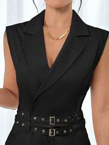 Jumper corto para mujer de moda tipo blazer unicolor elegante con cinturones decorativos estilo casual para uso diario - Negro - Ver 6