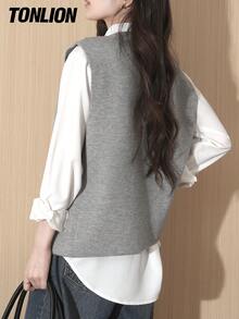 Tonlion 女款不对称开衩套头背心，简约设计，秋冬