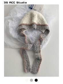 Vintage Grandma Plaid Hand-Crocheted Thick Yarn Balaclava Hat With Colorful Lace Ties, Earflap Beanie Scarf Combo, Warm Neck Gaiter Scarf Two-In-One Hat For Winter - Multicolor - View 14