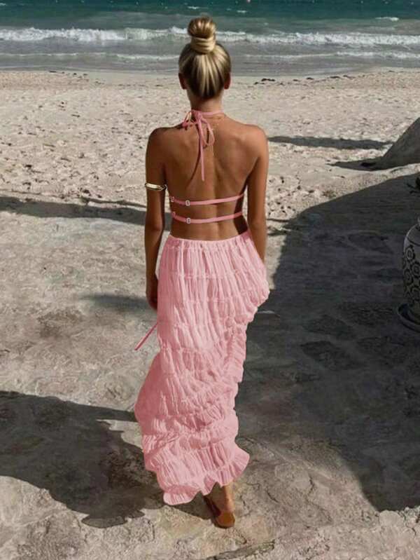 Damen Set aus einfarbigem, sexy rückenffreiem Maxikleid mit Neckholder, Falten und Spitzeneinsätzen