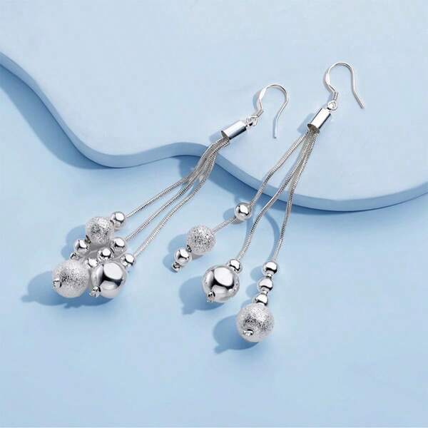 1pc Fashionable Elegant Vintage 925 Silver Round Tassel Pendant Earrings For Women, Suitable For Party, Wedding, Holiday