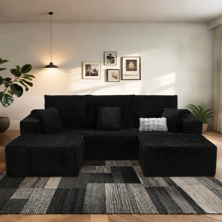 NIZULA FOAM 106"U Shape Sofa,  (Black)  Modern Modular Couch For Living Room Bedroom,No Assembly Required, Ready To Use, Comfy Plush Corduroy Fabric ,Sofa De Sala,Couch,Sofa Cama,Muebles Para Sala,Couch For Living Room, Living Room Furniture, Muebles, Bedroom Furniture Set, Recliner Chair For Adult, Living Room Set Furniture, (The Single Chair Is Available Separately Or To Pair With The Sofa) - Black Small U-Shaped Right-Facing Chaise - 查看 1