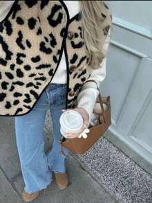 Leopard Print Contrast Trim Front Button Sleeveless Fuzzy Jacket, Suitable For Everyday Wear,Sleeveless Vest, Leopard Print Faux Shearling Vest,Autumn/Winter