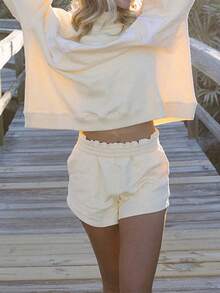 Women's Sweat Set Loose Fit Casual Stylish Letter Embroidered Long Sleeve Sweatshirt And Wide Leg Shorts 2 Pcs Set Fall Going Out Tops And Pants Sweatshirt - Light Yellow - View 3