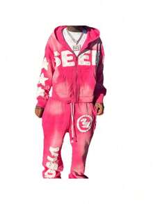 Unisex Retro Y2K Letter Patch Embroidered Zip-Up Hoodie Sweatpants Set Couple High-Street Stylish Versatile Streetwear - 粉紅色運動衫 - 查看 2