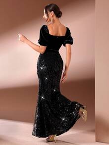 Women's Solid Color Sweetheart Collar Puff Sleeve Dress, Embroidered With Sequins, Sequins And Velvet Patchwork, Soft And Comfortable, Suitable For Banquets, Parties And Gatherings