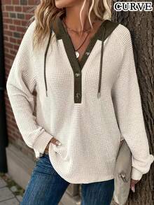 Plus Size Women's Solid Color Drawstring Long Sleeve Sweatshirt, Autumn - Beige - View 1