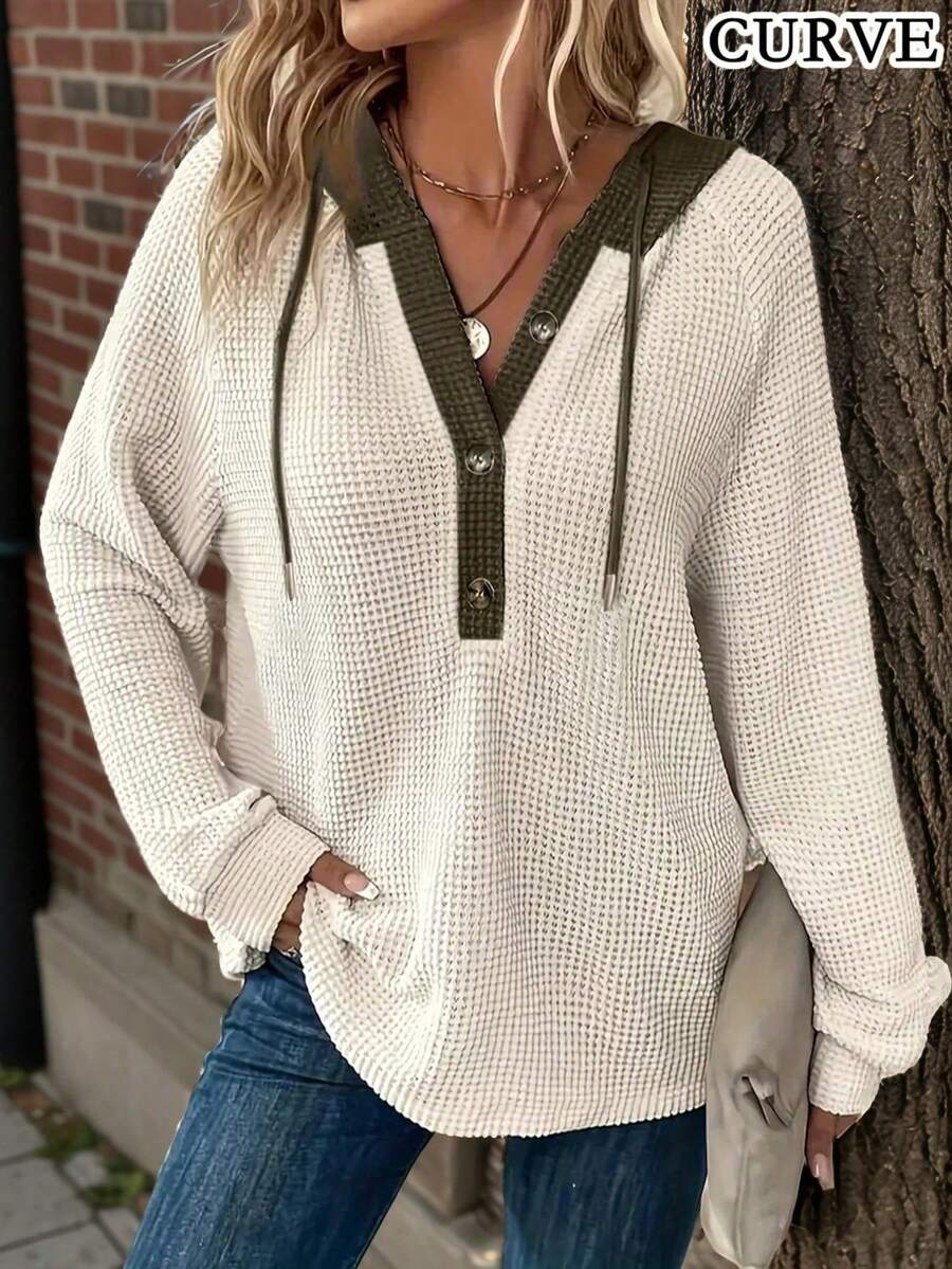 Plus Size Women's Solid Color Drawstring Long Sleeve Sweatshirt, Autumn - Beige - View 1