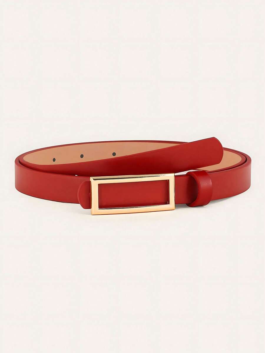 1pc Basic Square Buckle Skinny Waist Belt, Suitable For Dresses And Pants - Red - View 1