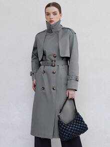 ZIAI Snygg trenchcoat i midimodell med slagkrage, dubbla knappar, bälte och fickor, långa raglanärmar för kvinnor - Grå - Visa 6