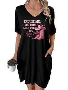 Pink Cowboy Boots And Hat With Romantic Quote On Pink Background Summer Dresses For Women Casual Sundress Beach Pocket Loose Plus - 黑色 - 查看 1