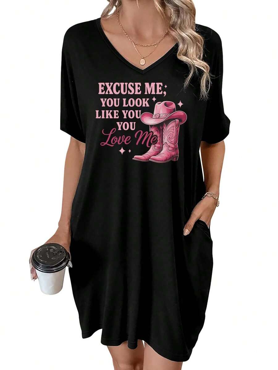 Pink Cowboy Boots And Hat With Romantic Quote On Pink Background Summer Dresses For Women Casual Sundress Beach Pocket Loose Plus - 黑色 - 查看 1