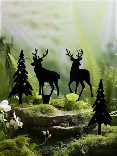 4 Stück schwarze Weihnachts-Metall-Rentier- und Tannenbaum-Dekorationen, Feiertags-Tier-Silhouetten Gartenstecker für Topfpflanzen drinnen & Garten-Party-Deko Outdoor, große Weihnachtsdekoration, Weihnachtsdeko für den Außenbereich, Weihnachtsdeko für Zuhause, Feiertags-Hängeornamente, klassisches Feiertags-Design, naturinspirierte Dekoration, Metallfiguren, wetterfeste Hängeornamente, Rentier-Deko, Weihnachtseinkäufer, Fans von Außendekoration