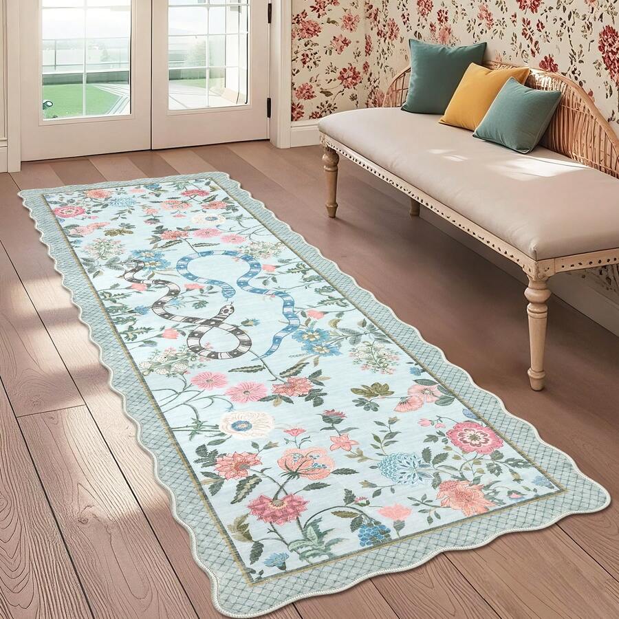 1Pcs Room Decor Modern Washable Scalloped Floral Snake Area Rug For Living Room Indoor Bedroom Foldable Floor Mats, Soft Low Pile Non Shedding Carpets For Offices Non-Slip Runner For Hallway Dorm - 藍色 - 查看 1