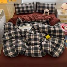 4 件套 Maillard 羽绒被套套装,砖红色和黑色格子,双层雪纺,涤纶,(1 个羽绒被套 + 1 个床单 + 2 个枕套),适合秋冬季,卧室装饰,节日礼物,不包括枕芯,枕套图案随机裁剪 - 黑紅 - 查看 6