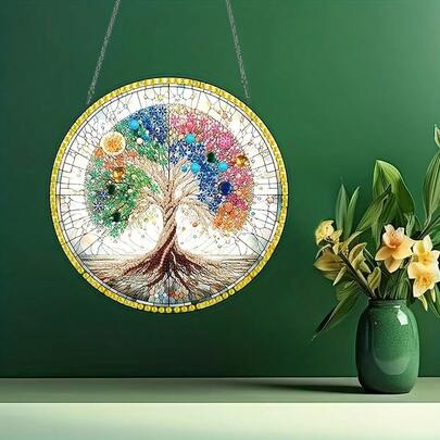 1 pezzo Albero della vita piatto 2D in diamante, opera d'arte acrilica con catena da appendere alla finestra, decorazione da tavolo fai-da-te per Natale, da esporre tutto l'anno, ideale per Ringraziamento, Festa della Mamma, Ognissanti, regalo a sorpresa