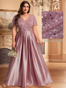 EVERPRETTY Đầm dạ hội ngắn tay cổ chữ V đính sequin bằng satin cỡ lớn dành cho nữ, màu hồng nhạt, thích hợp cho các bữa tiệc, lễ tốt nghiệp và các dịp khác, tiệc cưới mùa xuân. - Bụi hồng - Xem 2