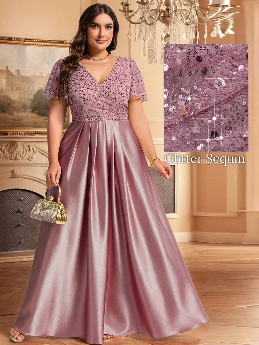 EVERPRETTY Đầm dạ hội ngắn tay cổ chữ V đính sequin bằng satin cỡ lớn dành cho nữ, màu hồng nhạt, thích hợp cho các bữa tiệc, lễ tốt nghiệp và các dịp khác, tiệc cưới mùa xuân.