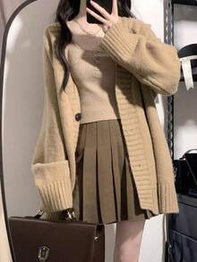 Chaqueta de punto de las mujeres chaqueta de tweed mujer otoño e invierno suelto perezoso viento delgado cardigan jumper versátil suéter de punto tops - Camel - Ver 7