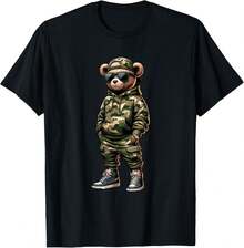 Camo Hip Hop Teddy Bear Cool Rapper Streetwear Graphic T-Shirt - màu đen - Xem 1