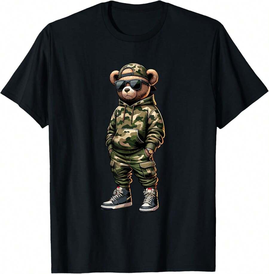 Camo Hip Hop Teddy Bear Cool Rapper Streetwear Graphic T-Shirt - màu đen - Xem 1