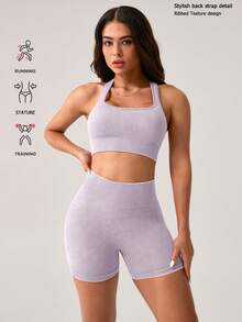 NcmRyu Women's Ribbed Knit Sports Bra & High-Waisted Shorts Set - Stretchy Comfortable Activewear With Ribbed Texture, Ideal For Yoga, Workout, Gym, Running & Outdoor Activities - Màu tím hoa cà - Xem 1