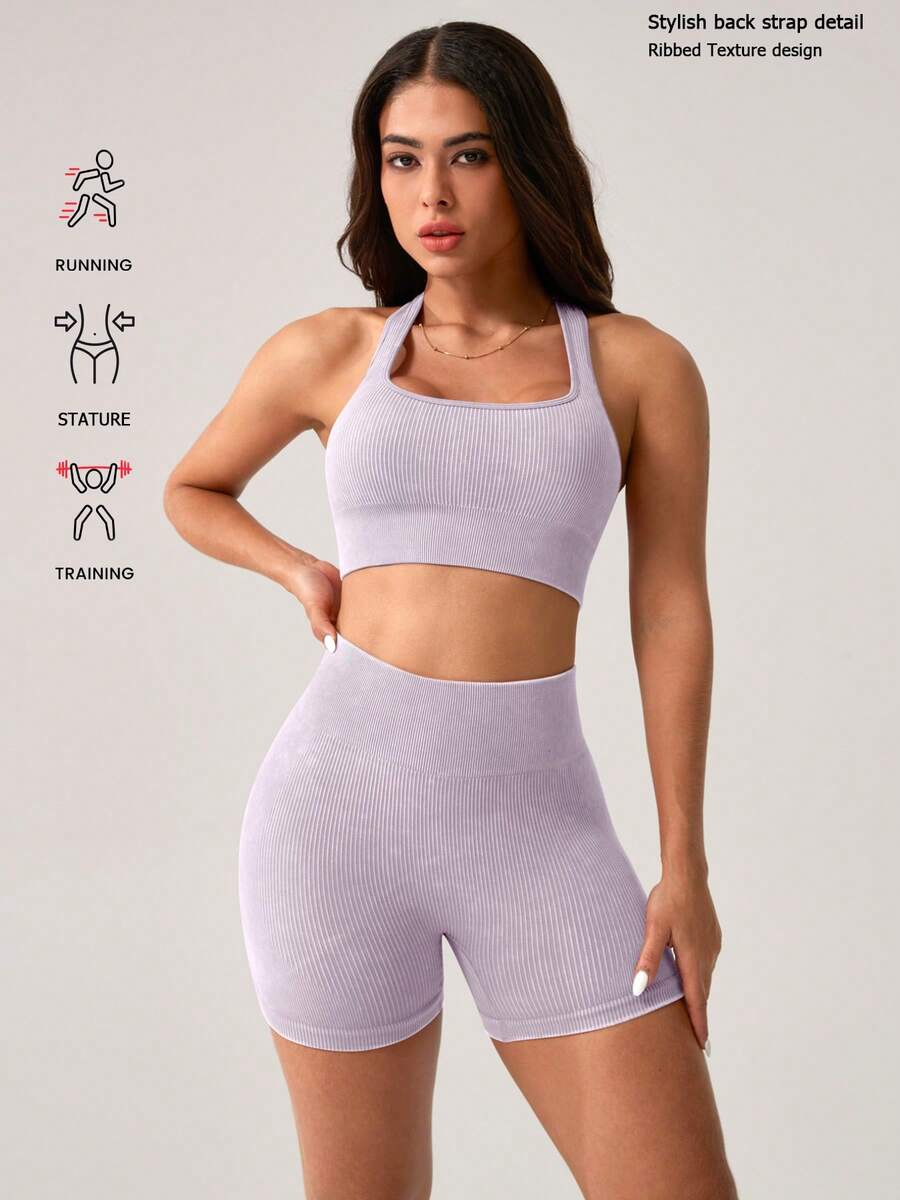 NcmRyu Women's Ribbed Knit Sports Bra & High-Waisted Shorts Set - Stretchy Comfortable Activewear With Ribbed Texture, Ideal For Yoga, Workout, Gym, Running & Outdoor Activities - Màu tím hoa cà - Xem 1