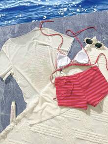 3pcs Lobster Print Bikini Set, Women Summer Beach Ocean Themed Bikini Top, Coverup T-Shirt, Casual Tie-Front Vacation, Back To School, Party Swimwear Outfits - Multicolor - View 6