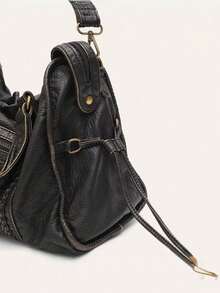 Retro Casual Cool Street Style Soft Brush Off Washed PU Vegan Leather Zipper Closure Zip Pockets Braid Decor Large Capacity Fits 13' Laptop Tote Adjustable Long Strap Cross Body Shoulder Bag Women Daily College Commute Travel Versatile, Y2k Bag, Gothic Punk Bag For Women, 2000s Fashion Style Bag For Women, Vintage Bag For Women, New Fashionable Big Bags For Women, New Arrival Tote Bags For Woman - Đồng - Xem 4