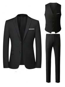3-Piece Solid Color Men's Suit Set, Regular Fit, With Pockets And Buttons, Suitable For Going Out On Dates, Anniversary Photoshoots, Formal Occasions, Dinners, And Daily Wear, (Applicable For) Valentine's Day - 黑色 - 查看 2