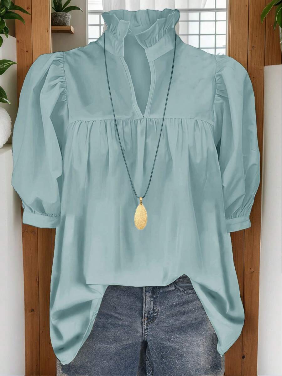 Spring/Summer 2025 Autumn Fashionable New Blouse, French Style Women's Shirt, Puff Sleeve, Back To School, American Shirt, Stylish, Teacher, 70s, Commuter, Minimalist, Office Wear, Retro, Simple, French, Spring/Summer Tops Old Money Style, Teacher Shirt, Women's Casual Short Sleeve Solid Color Shirt, Suitable For Outerwear - Blue - View 1