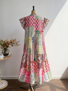 Rusttydustty Bohemian Style Pink Floral V-Neck Ruffle Sleeve Casual Dress, Suitable For New Year, Valentine's Day And Other Occasions