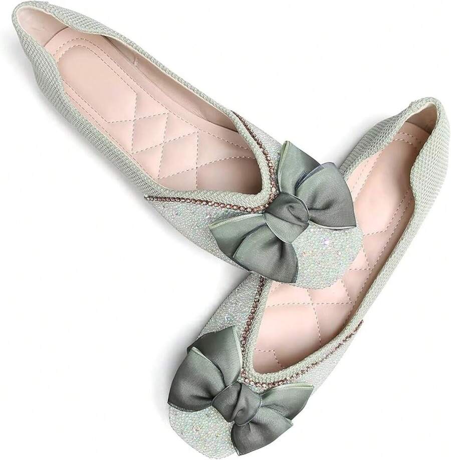 SAILING LU Square Toe Flats Shoes Rhinestoned Bowknots Ballet Flats For Women Studded Dress Shoes Comfort Light Weight LoafersChristmas - I-綠色 - 查看 1