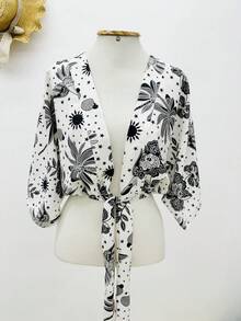KISTYLE Crepe Blouse With Batwing Sleeves And Tie - Black and White - View 1
