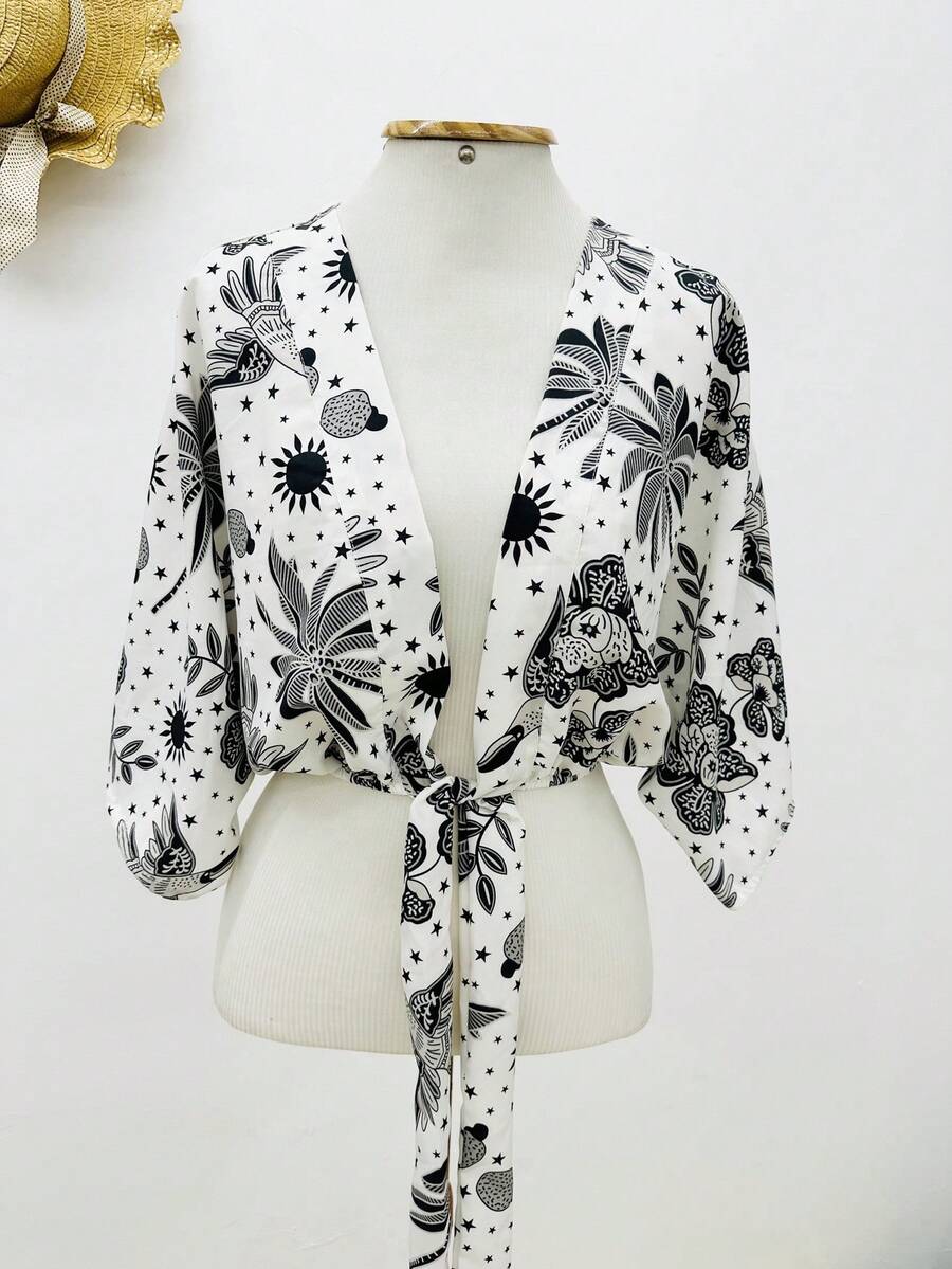 KISTYLE Crepe Blouse With Batwing Sleeves And Tie - Black and White - View 1